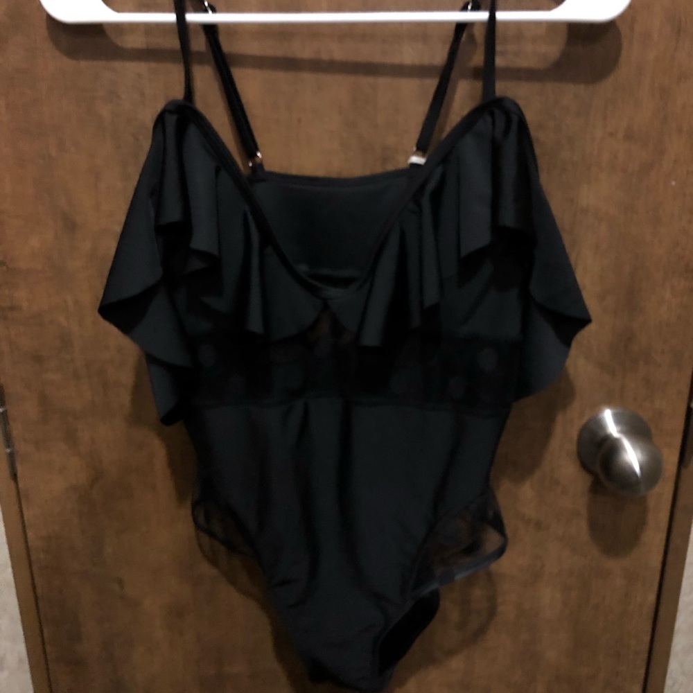 Perfect Black Ruffled Deep V One Piece w/Sheer See Thru Waist Medium